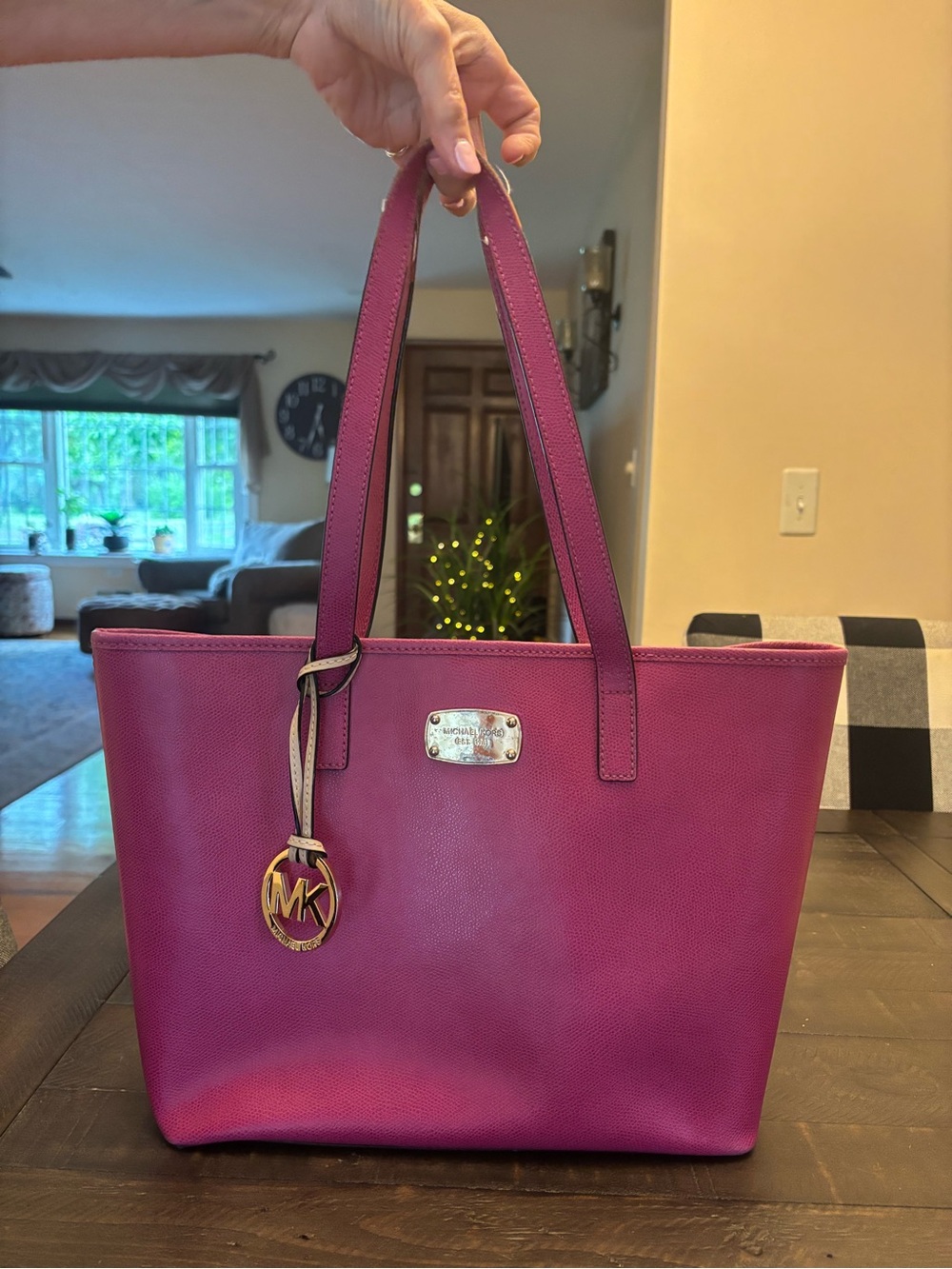 Michael Kors Magenta Leather Tote with MK Charm